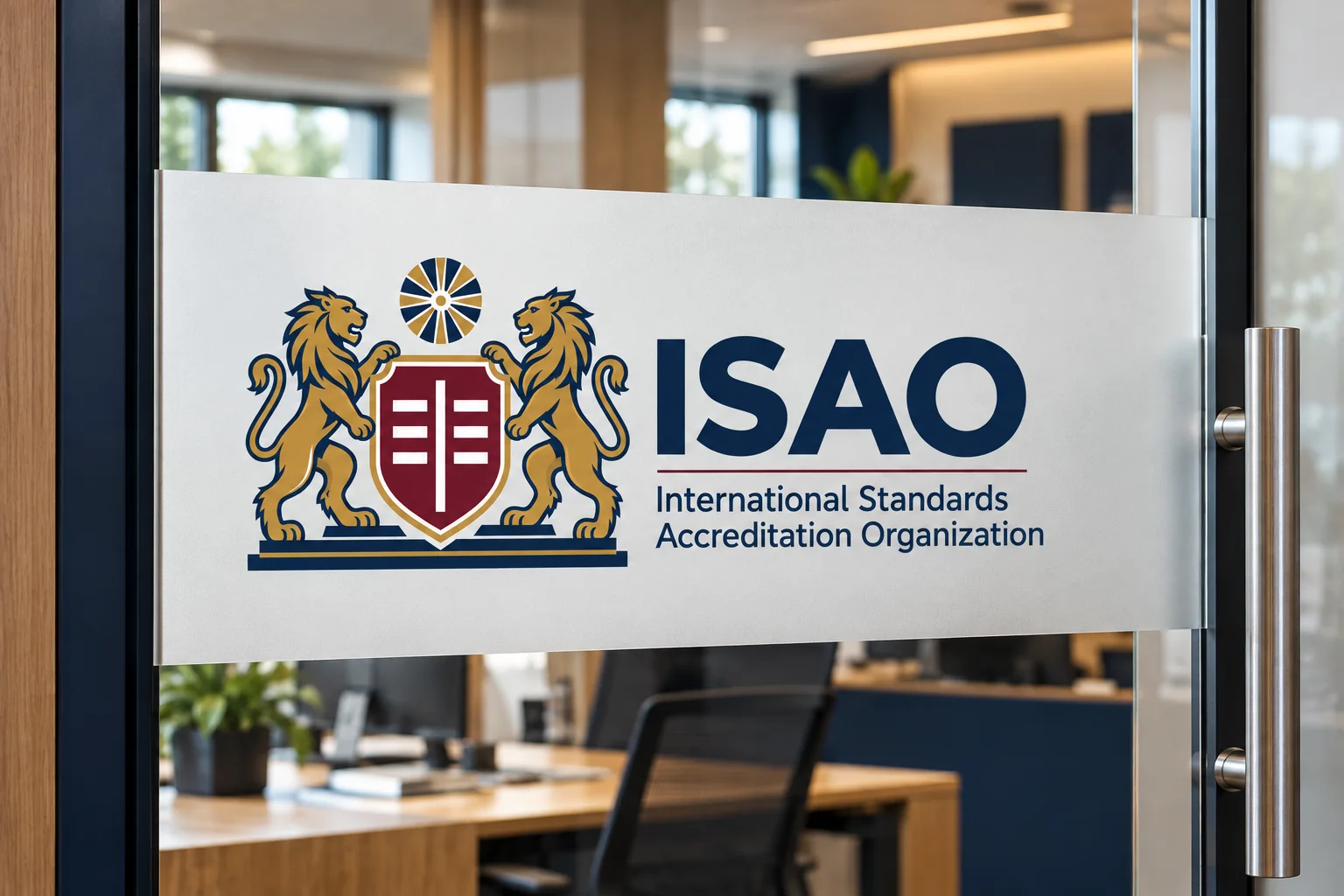 Concept office entrance: the ISAO logo on a frosted band across a glass door with a steel bar handle.