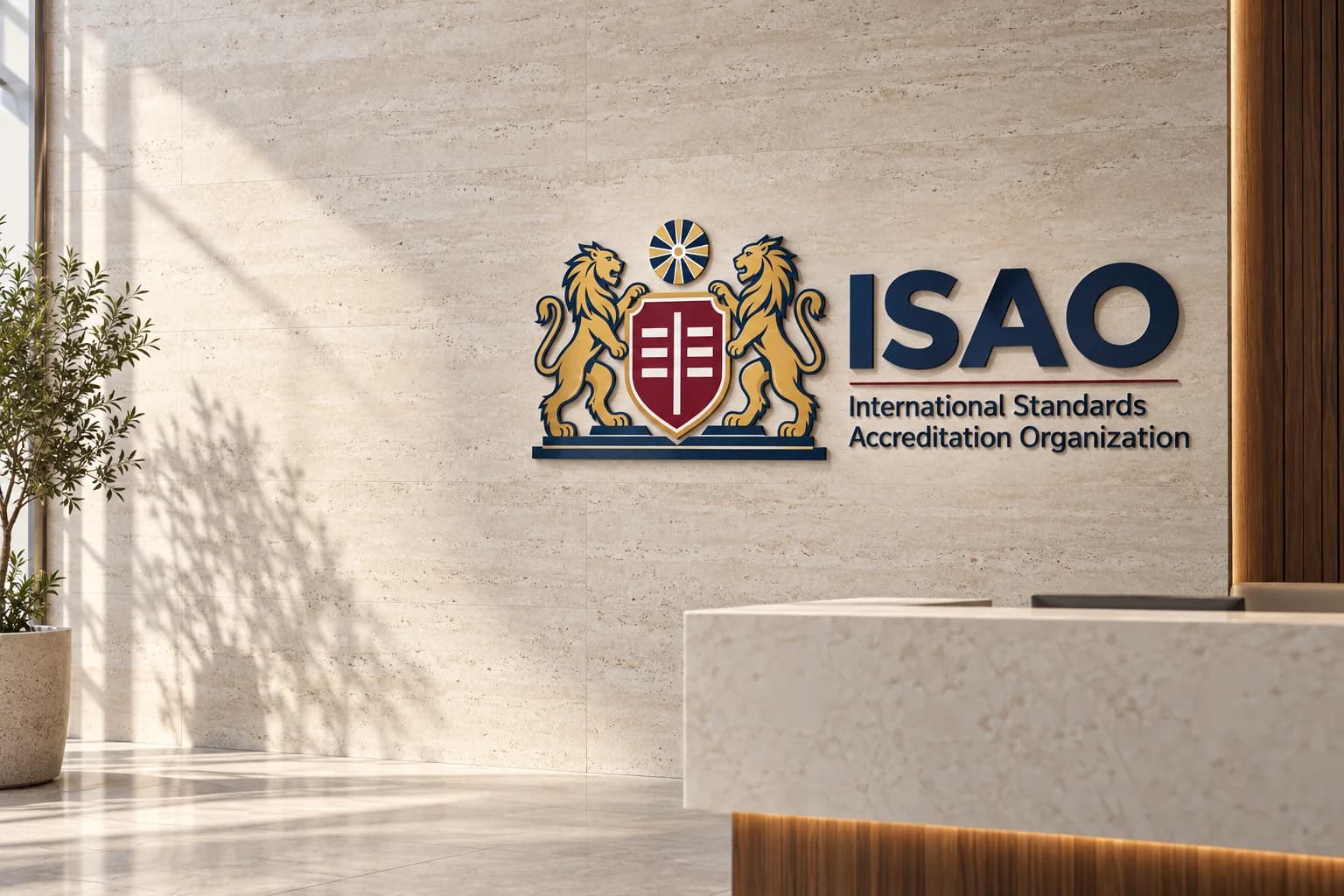 The ISAO logo as raised signage on a sunlit travertine wall, with a stone reception desk in the foreground.