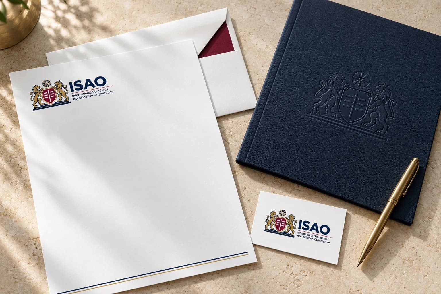 ISAO stationery on stone: a letterhead, an envelope with a burgundy liner, a business card, a gold pen and a navy folder with a debossed crest.